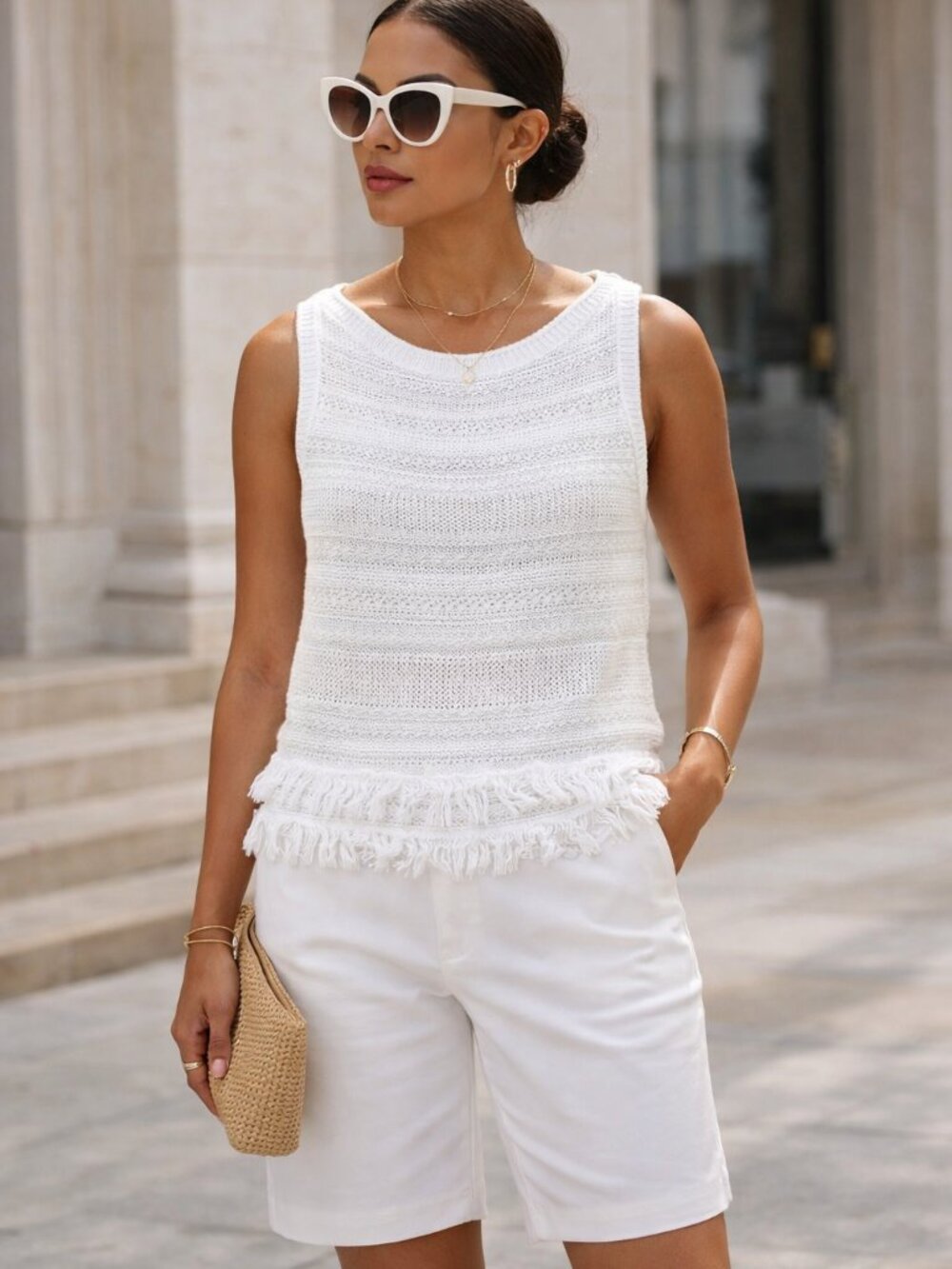 Ralph Lauren White Knit Sleeveless Ruffled Tank Top